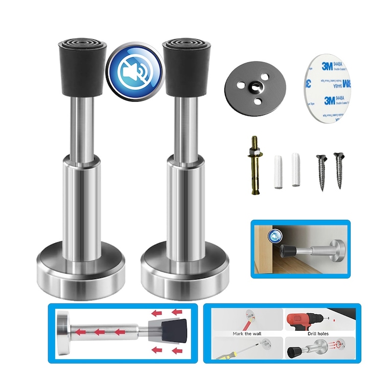 Set 2 Opritoare de usa, Excitat, otel inoxidabi, Echipat cu cap de cauciuc, silentios, tampon hidraulic, fara deteriorari la usa, Sunt disponibile ambele metode de gaurire/lipire si este furnizat un set complet de instrumente, argintiu/negru