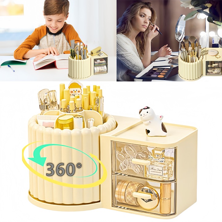 Organizator de birou, Excitat, Poate fi rotit la 360°, Cu 2 straturi de sertar transparent vizibil, Partitie detasabila, Multifunctional, Plastic, galben deschis