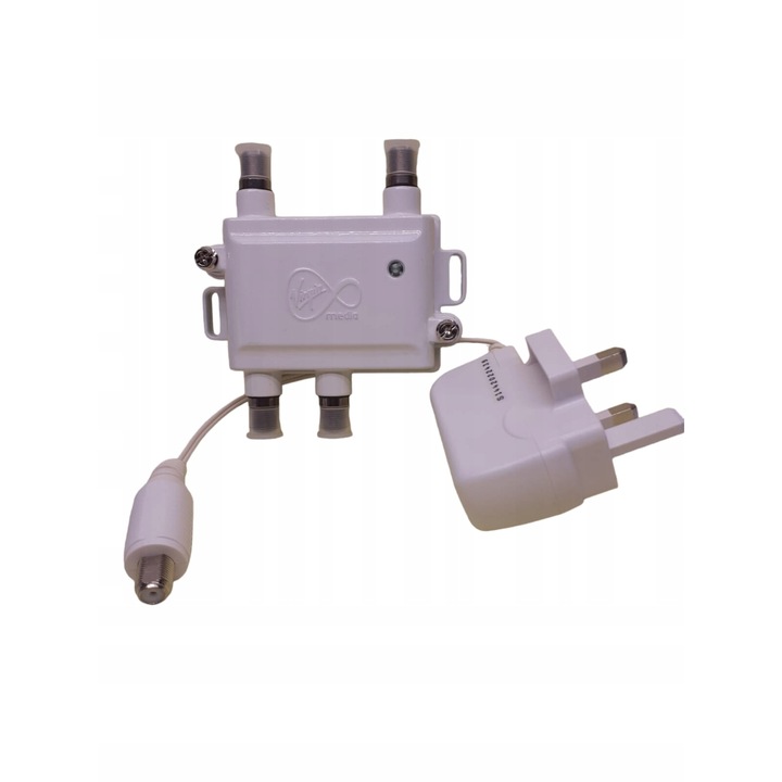 Amplificator TV cu distribuitor CARDSPLITTER HDU-200, 65/85 MHz, 2 iesiri, alimentare duala, priza engleza