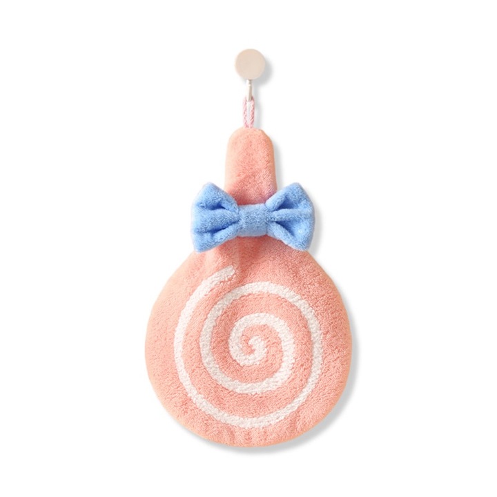 Prosop de mana roz cu bucla de agatare, 29x20cm, model cu spirale si fundita albastra