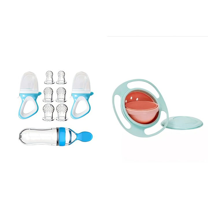 Suzete hranire bebelusi, 1 Lingurita de silicon cu rezervor, 2X Suzeta pentru fructe cu tetina inclusa, 6 Tetine, Roz+ Farfurie ROtativa Albastru