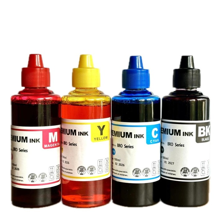 Set 4 rezerve de cerneala BT6000/BT5000 negru, albastru, galben, magenta, 100ml/ flacon, compatibil cu BROTHER DCP-T300/T500W/T700W/MFC-T800W bulk