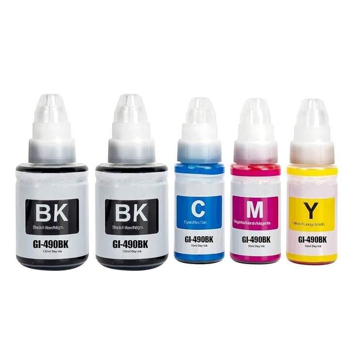 Комплект от 5 бутилки с мастило Canon GI-490/590/790, 270 ml черни, 70 ml цветни, 8000 страници, за Canon Pixma