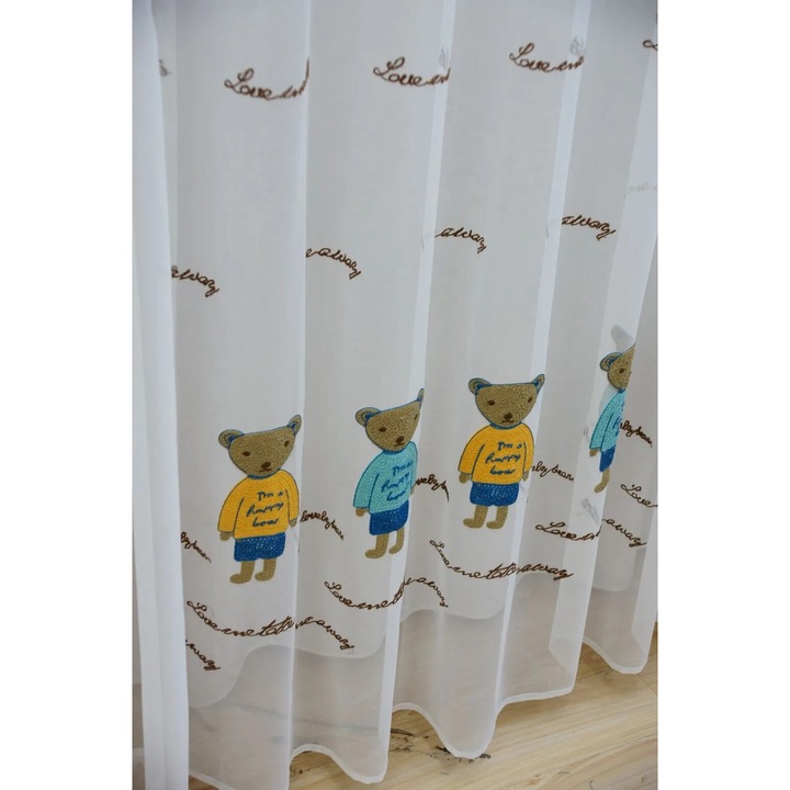 Függöny 316 x 250 cm, fehér, hímzett grafikai elemekkel, mackókkal, fém gyűrűkkel, modern és vonzó design