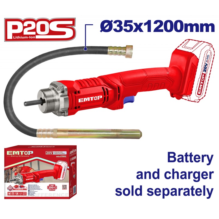 Vibrator de beton fara acumulator si incarcator, 35x1200mm - ECVL202301, EMTOP
