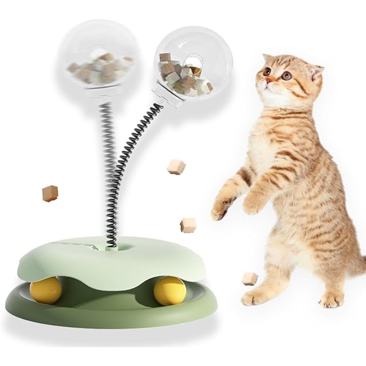 Interaktív macskajáték, 2 az 1-ben, labda alagút és rugós játék jutalomkioldó funkcióval, zöld, 29 x 22 cm