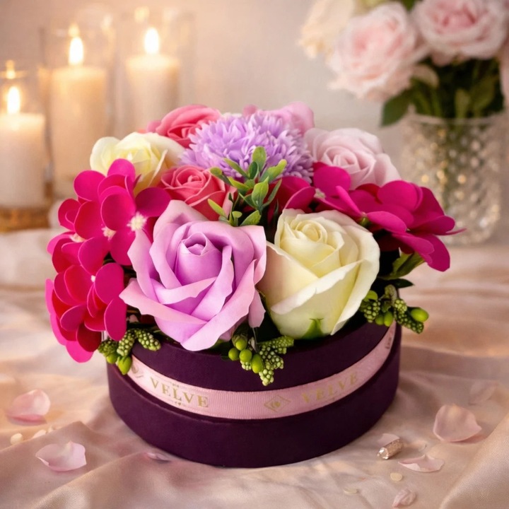 Aranjament floral Olla in cutie rotunda grena, cu trandafiri, hortensie si garoafa de sapun, stamine si plante artizanale, Lila, Velve