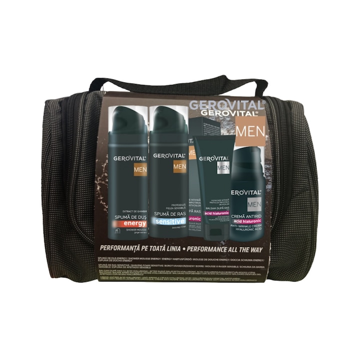 Bag Energy zuhanyhab 200 ml + Sensitive borotvahab 200 ml + Borotválkozás utáni balzsam hialuronsavval 100 ml + Ránctalanító krém hialuronsavval 30 ml, Gerovital Men