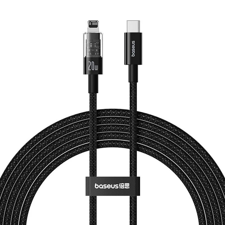 Cablu USB-C la Lightning, Fast Charging 20W, 2m, A90, Nailon, Baseus Gem P10373001111 01, compatibil Apple, Cluster Black