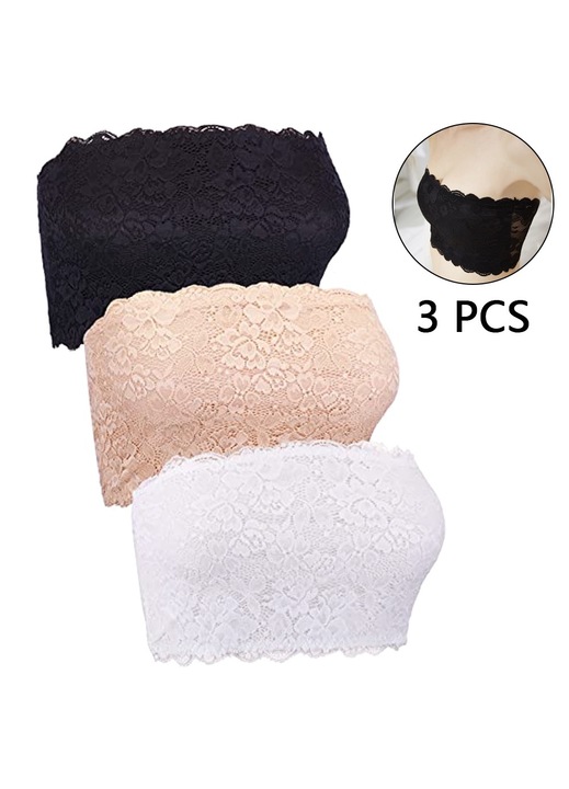 Sutien cu tub din dantela, AMRINUGL, set 3 buc, negru + alb + tonul pielii, spandex + modal, One Size INTL