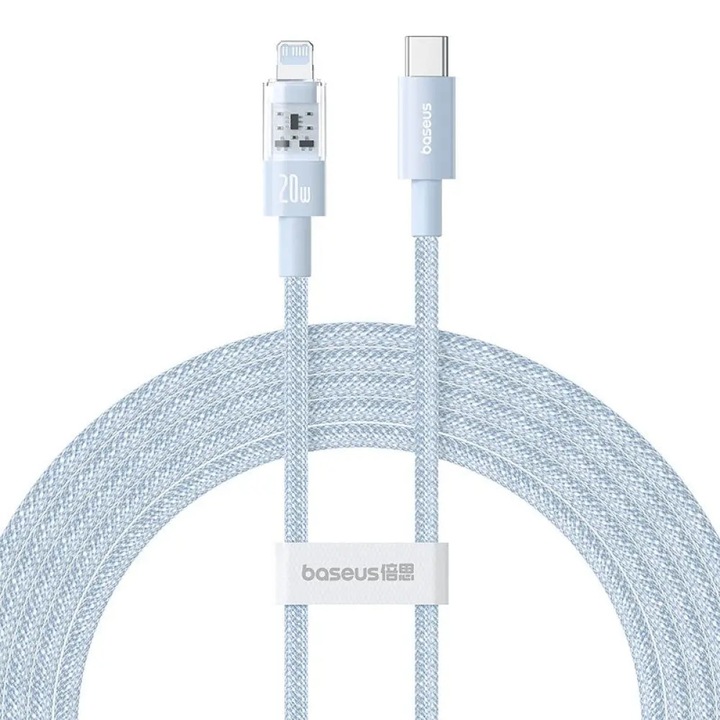 Cablu USB-C la Lightning, Fast Charging 20W, 2m, A93, Nailon, Baseus Gem P10373001311 01, A93, compatibil Apple, Nailon, Galaxy Blue