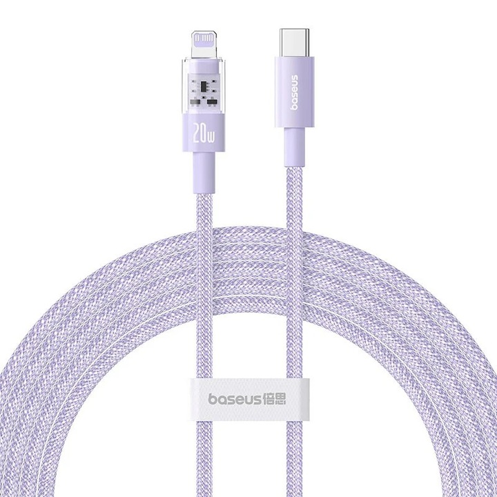 Cablu USB-C la Lightning, Fast Charging 20W, 2m, A84, Nailon, Baseus Gem P10373001511 01, compatibil Apple, Nebula Purple