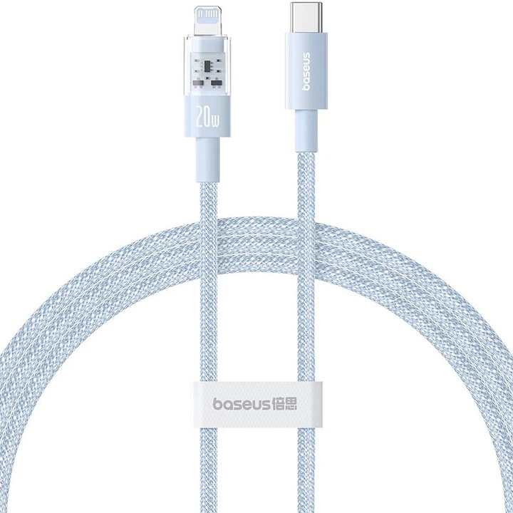 Cablu USB-C la Lightning, Fast Charging 20W, 1m, A72, Nailon, Baseus Gem P10373001311 00, compatibil Apple, Galaxy Blue