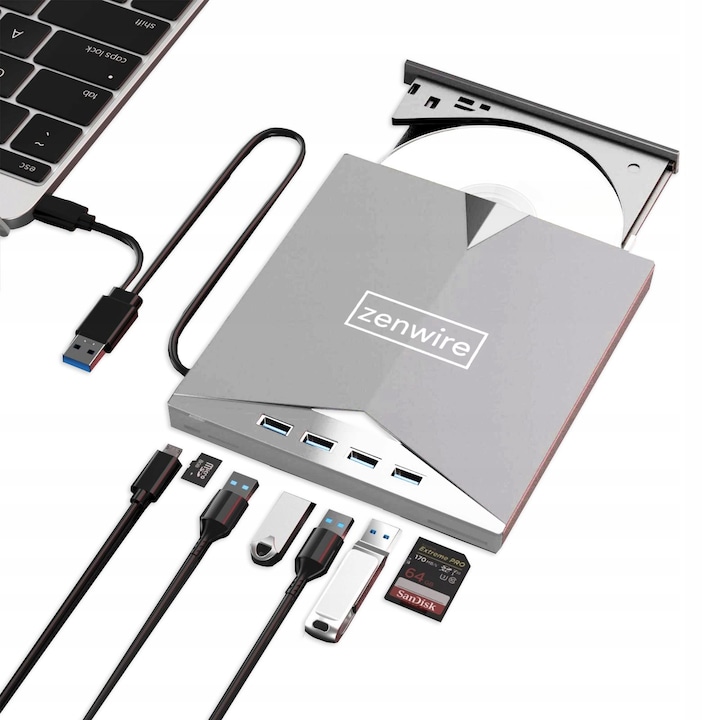 Външна DVD записвачка, Zenwire, H61, Hub 7in1, 4x USB 2.0, SD/MICRO четец за SD карти, CD/DVD РЕКОРДЕР с USB-C, съвместим с Windows, IOS, Android, Mac OS, Linux