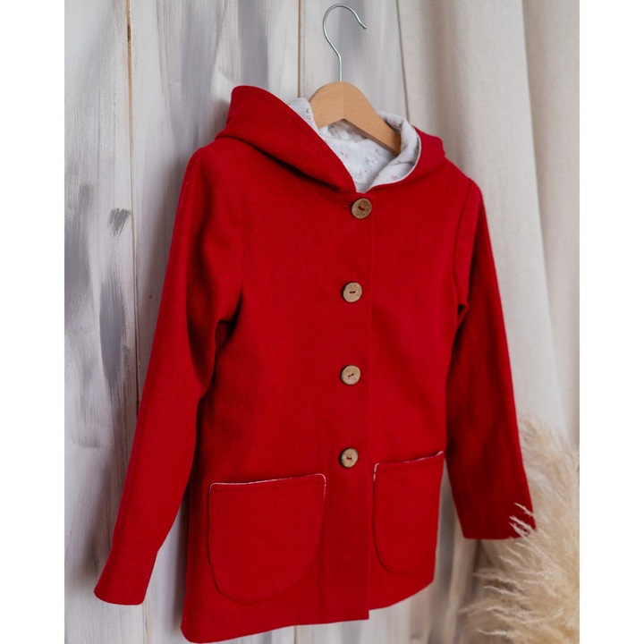 Jacheta din stofa de lana texturata dublata cu muselina imprimata, Rosu/Alb