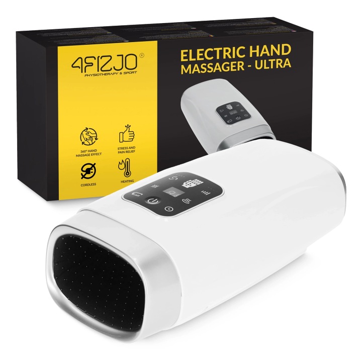 Masaj electric de mana, 4FIZJO, fara fir, material plastic, tip de masaj acupunctura, presiune, vibratii, incalzire, relaxare, dimensiuni 31 × 16 × 11.5 cm, tip de sursa de alimentare baterie 2200mah, greutate 1 kg, Alb