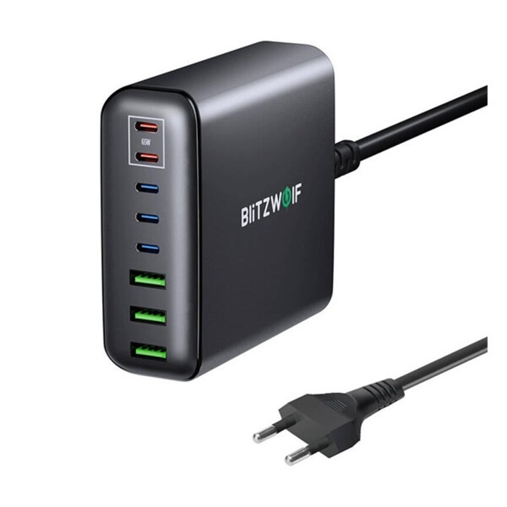 Blitzwolf bw-s26 hálózati töltő állomás 3 usb+5 type-c aljzat, 250w, gan, pd gyorstöltő + 150cm tápkábel, fekete