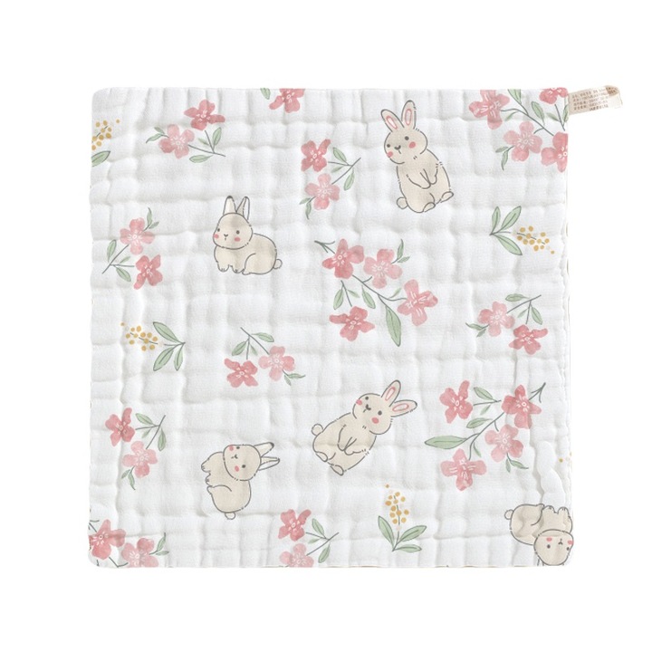 Baveta pentru bebelusi, imprimeu iepuras, 100% bumbac, 25x25cm