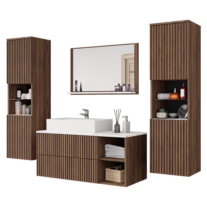 Mobilier de baie Kiegi canelate III, MIRJAN24, cu Chiuveta si Sifon, nuc warmia / nuc warmia canelate + marmura bianco