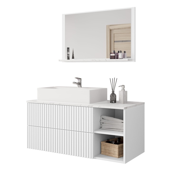 Mobilier de baie Kiegi canelate I, MIRJAN24, cu Chiuveta si Sifon, alb mat / alb canelate + marmura bianco