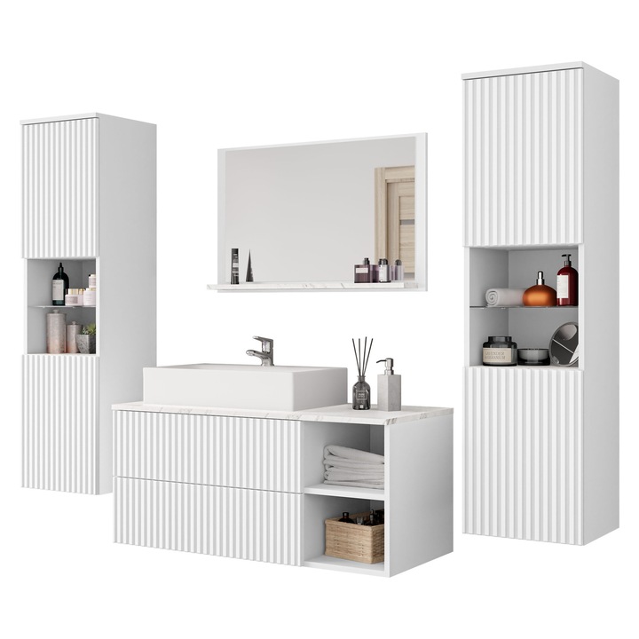 Mobilier de baie Kiegi canelate III, MIRJAN24, cu Chiuveta si Sifon, alb mat / alb canelate + marmura bianco