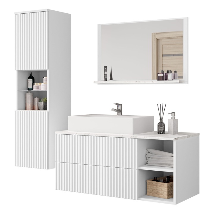 Mobilier de baie Kiegi canelate II, MIRJAN24, cu Chiuveta si Sifon, alb mat / alb canelate + marmura bianco
