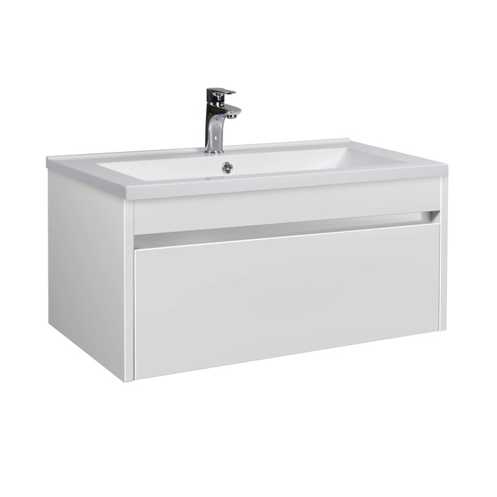 Mobilier Baie si Mobilier Lavoar/Chiuveta, Keramka®, 80x43x45 cm, Set Baza Mobilier Lavoar Suspendat Prime-80 cu Lavoar Compozit Cosmo 80, Mobilier Chiuveta din MDF Vopsit Lucios, Sertar cu Inchidere Lenta, Design Modern pentru Baie, Alb