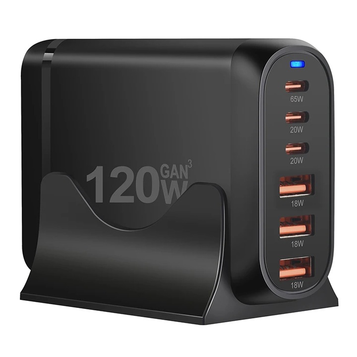 USB зарядна станция 120W GaN PRO 6 в 1, 3 USB-C & 3 USB-A, ултра бързо зареждане за 6 устройства, усъвършенствана защита и ефективно разсейване на топлината, универсално зареждане за лаптопи и телефони, компактен и мощен, Staryon®, черен