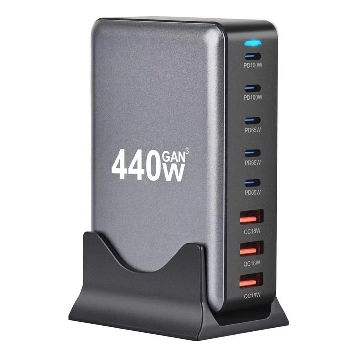 440W GaN PRO 8 в 1 USB зарядна станция, 5 USB-C и 3 USB-A, ултра бързо зареждане за 8 устройства, защита и ефективно разсейване на топлината, универсално зареждане за лаптопи и телефони, компактен и мощен, Staryon®, черен