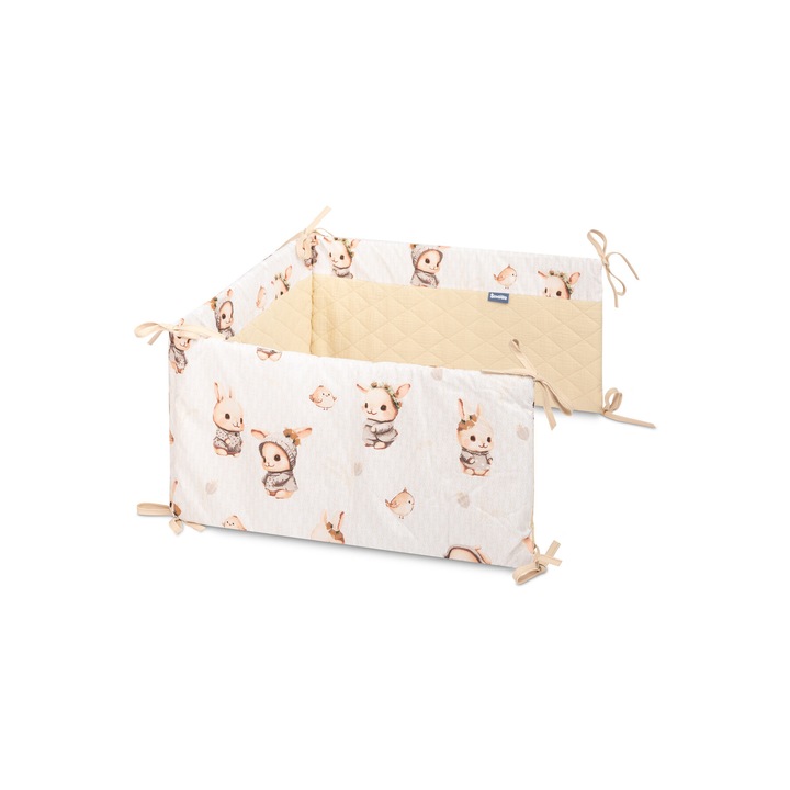 Bara de protectie pentru patut, SENSILLO, 200 x 15 cm, tesatura moale din catifea, fibre de silicon, cuib pentru copii, Iepurasi Bej