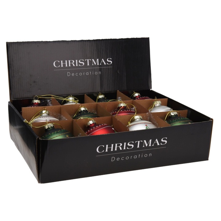 Set 12 globuri din sticla, albe opal, rosii si verzi, cu brazi, 3 modele, 8 cm