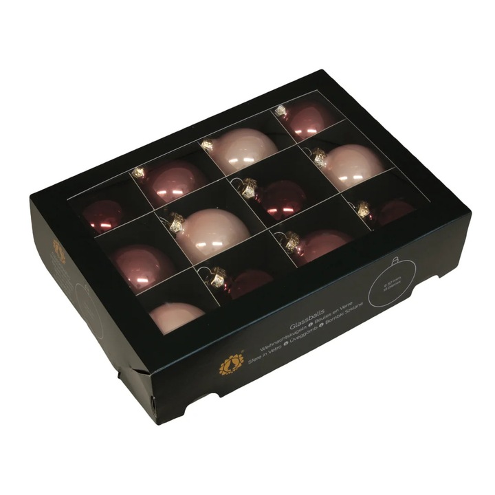 Set 12 globuri din sticla, cu nuante de roz prafuit, lucioase, in cutie, 6 cm