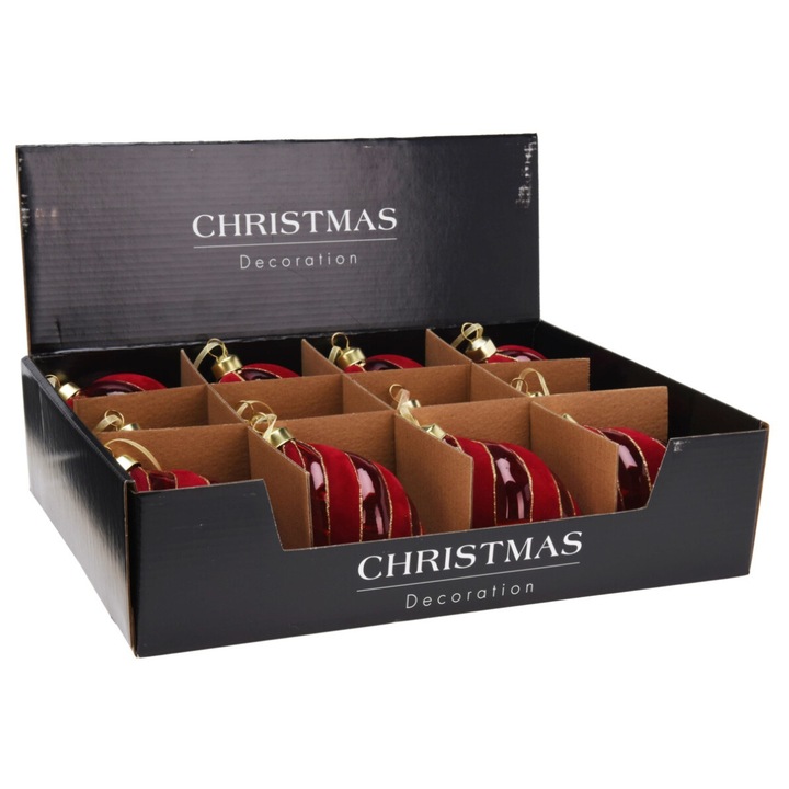 Set 12 globuri din sticla, rosii cu modele de catifea, 3 modele, diametru 7-8 cm