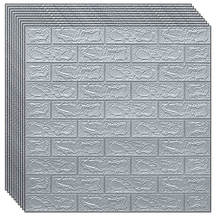Комплект от 10 x 3D NEXTLY самозалепващи се тапети, за таван/стена, тухлен дизайн, водоустойчив, регулируем, силно залепващ, лесен за монтаж, площ на покритие 5.3MP, 70x77 cm, сребрист, код 2