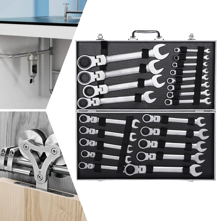 Racsnis kulcskészlet, 22 darab, króm-vanádium acél, 180°-ban elforgatható fej, 6x32mm, hordtáska