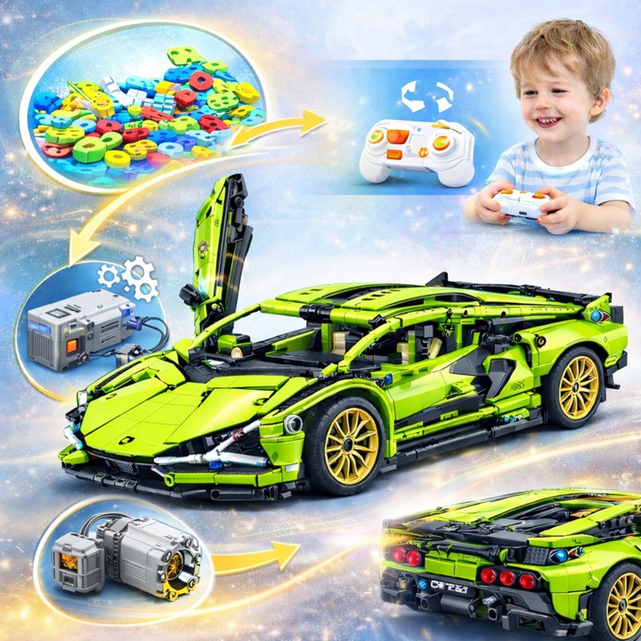 Masina cu telecomanda Lamborghini DIY, set de constructie 1000+ piese, incarcare prin USB, culoare verde, STEM, MONTESSORI, pentru toate varstele, scara 1:14, 16x 35x9 cm, contine manual de instructiuni in limba engleza