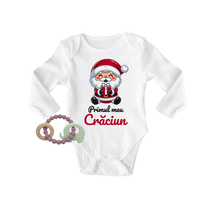 Set body personalizat cu Mos Craciun + jucarie zornaitoare in forma de elefant - material silicon si lemn, 56 cm