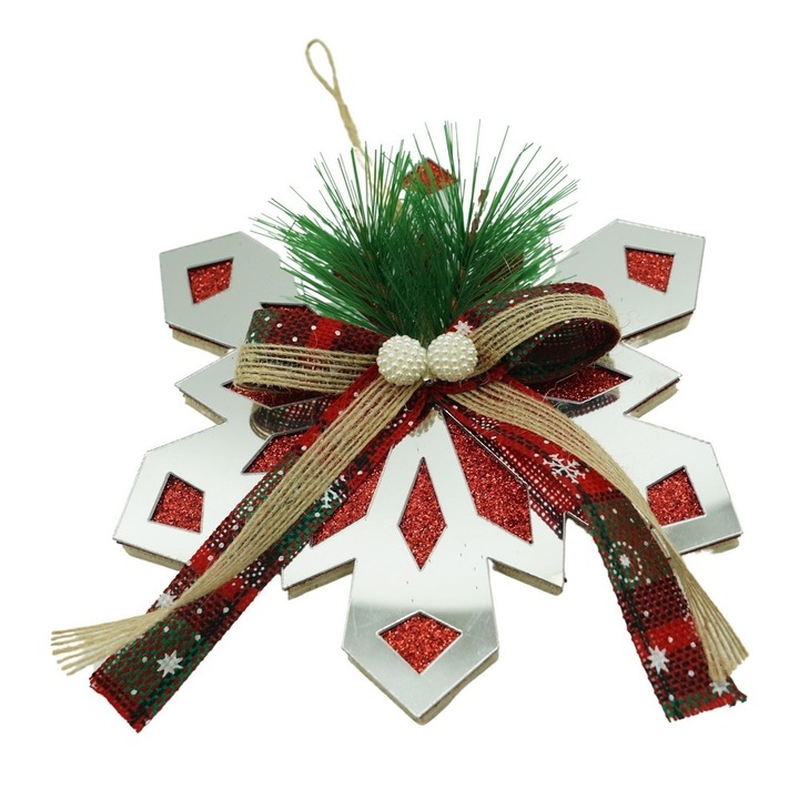 Ornament brad, By Fitilomania, Fulg de nea, Argintiu, Lucios, 14*15CM, Acril, Interior/ Exterior