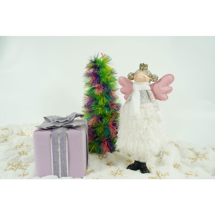 Figurină de Crăciun îngeraș, Southern Sky, alb, textil, 34 cm