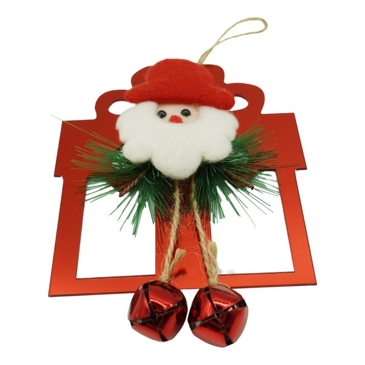 Ornament brad, Cadou cu clopotei, Rosu, Lucios, 15*20CM, Acril, Interior/ Exterior