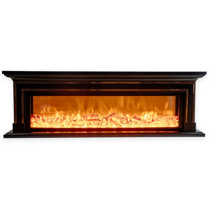 Semineu Electric de Decoratiune din Lemn Masiv Stejar Negru cu Insertii Aurii, Telecomanda