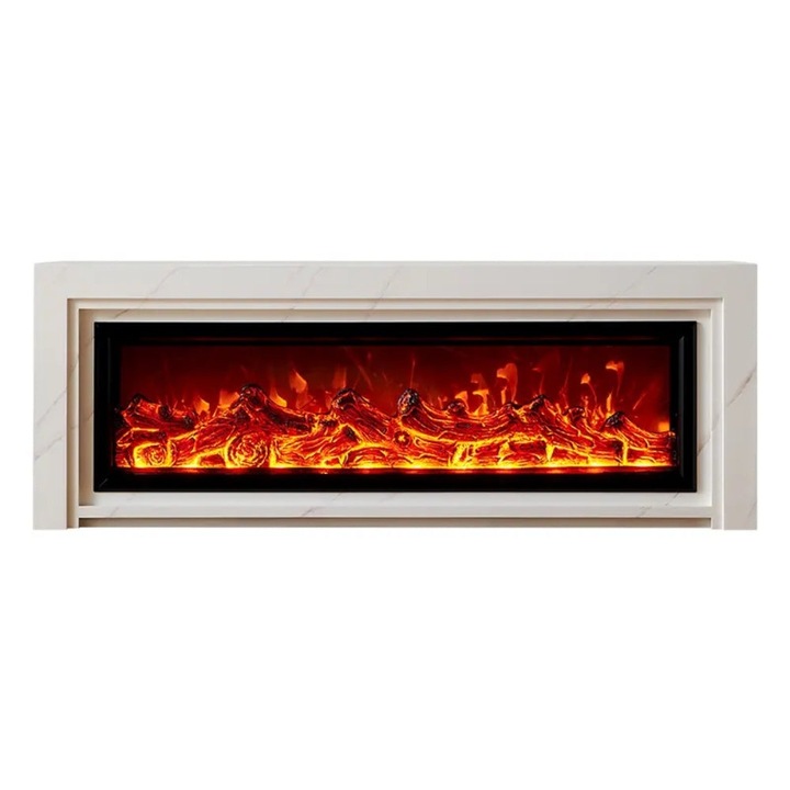 Tömör tölgy elektromos kandalló, fehér, modern design, távirányító