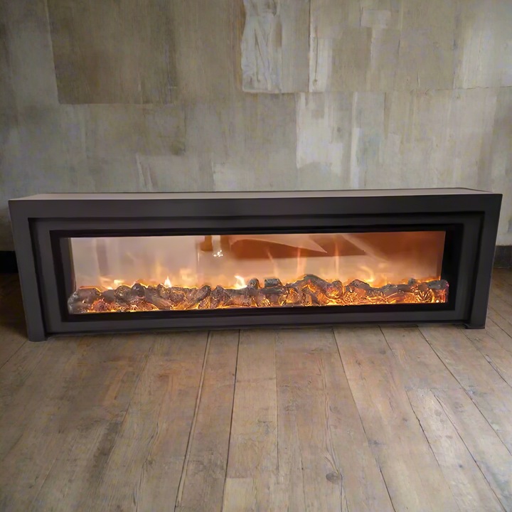 Tömör tölgy elektromos kandalló, fekete, modern design, távirányító