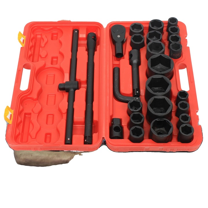 Set de chei cu soclu, 26 piese, 3/4" si 1", otel crom vanadiu, dimensiuni socluri 21mm-65mm, cutie de unelte inclusa