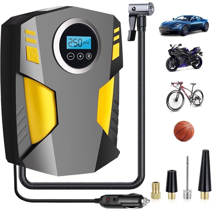 Pompa de umflat portabila, Fuienko, electrica, 100 PSI, galben, 0.8 kg