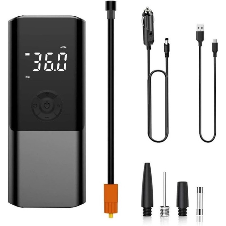 Compresor de aer portabil, mini pompa de aer electrica de 6000 mAh, pompa electrica de bicicleta 150 PSI, compresor cu afisaj digital cu lumina LED si port USB C pentru motocicleta/masina/bicicleta/minge