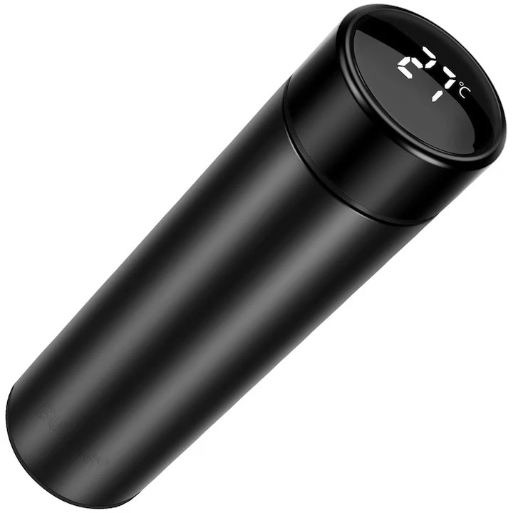 Termos smart cu afisaj LED VarioShop®, Afisarea Temperaturii, Pastreaza Bautura Fierbinte sau Rece timp de 12 ore, Otel Inoxidabil, Capacitate 500 ml, Dimensiune 21.5 x 6.7 cm, Negru