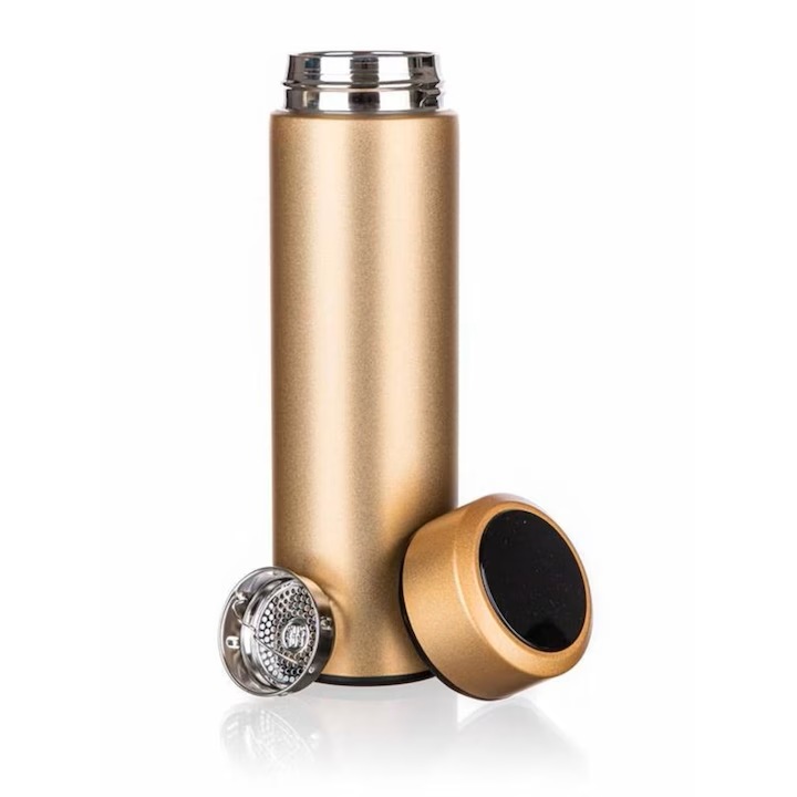 Termos smart cu afisaj LED VarioShop®, Afisarea Temperaturii, Pastreaza Bautura Fierbinte sau Rece timp de 12 ore, Otel Inoxidabil, Capacitate 500 ml, Dimensiune 21.5 x 6.7 cm, Auriu