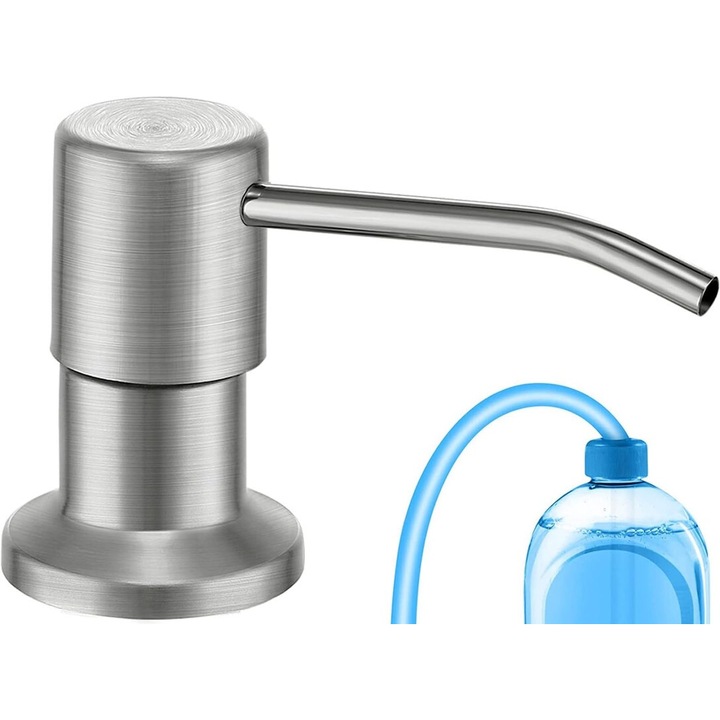 Dozator de sapun pentru chiuveta de bucatarie (nichel periat), pompa pentru distribuitor de sapun pentru chiuveta de blat cu set de tuburi de prelungire rezistente la scurgeri de 47 inch pentru bucatarie, baie, nu mai sunt necesare rezerve (argintiu)