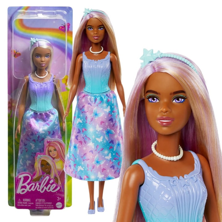 Кукла, Mattel, Barbie Princess, Игрален комплект, Насърчаване на разказването на истории, Декорирана с пеперуди, Синьо и розово